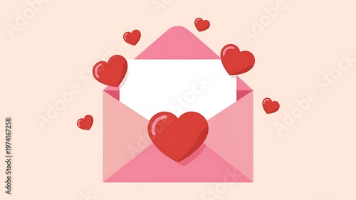 Valentines day illustration of pink envelope with hearts on peach background