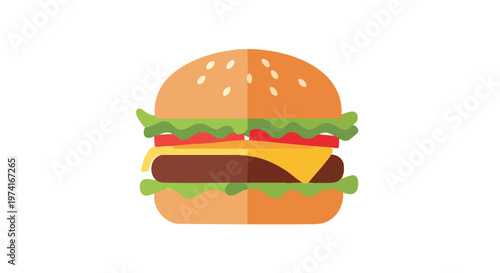 A flat illustration of a hamburger on a white background. It includes a sesame seed bun, lettuce, tomato, cheese, and patty