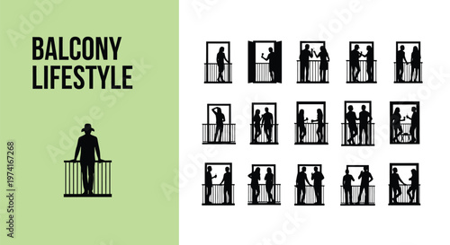 Diverse collection of vector silhouettes showing people enjoying leisure time on their private home balcony