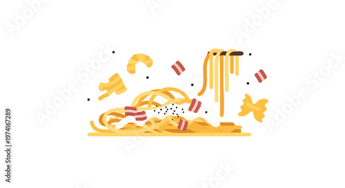 A flat illustration of pasta dish, including spaghetti, creamy sauce, bacon pieces, and other shapes. Some pieces are suspended