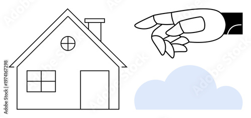 Smart homes, cloud computing, automation, robotics, future technology, digitalization. Robotic hand near house and cloud shapes. Smart homes and cloud computing concept