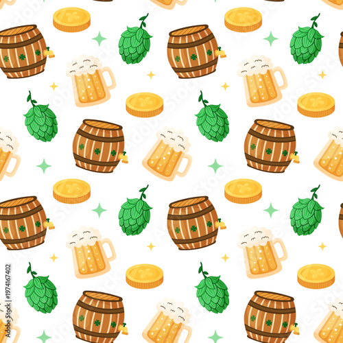 Seamless pattern with beer mug, barrel, coin and splash of hops. Saint Patricks Day elements. Holiday greeting card on white background. Hand drawn vector illustration.