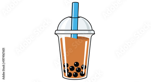 A cartoon illustration of a clear cup filled with brown liquid, black round objects, a blue straw, and a white dome lid