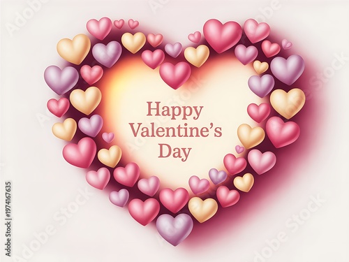 Happy valentines day heart shaped card with pink and purple hearts