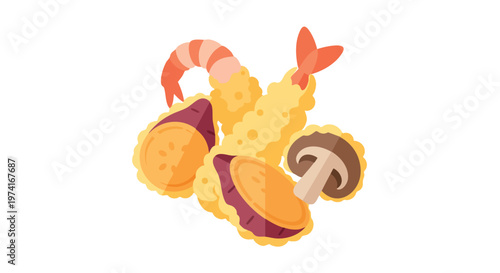 A colorful illustration features various Japanese tempura items arranged artistically against a clean white background