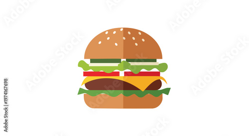 A flat illustration of a hamburger with sesame seed bun, layers of ingredients, on a white background. It includes lettuce, tomato, cheese and patty