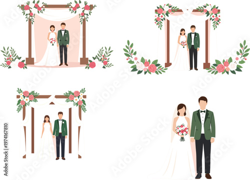 Elegant wedding couple standing under floral arch collection for marriage ceremony celebration and romantic bride