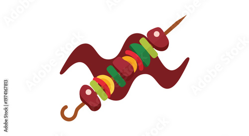 A cartoon illustration of a kebab on a skewer, with red, green and yellow bell peppers and meat arranged along its length, brown handle