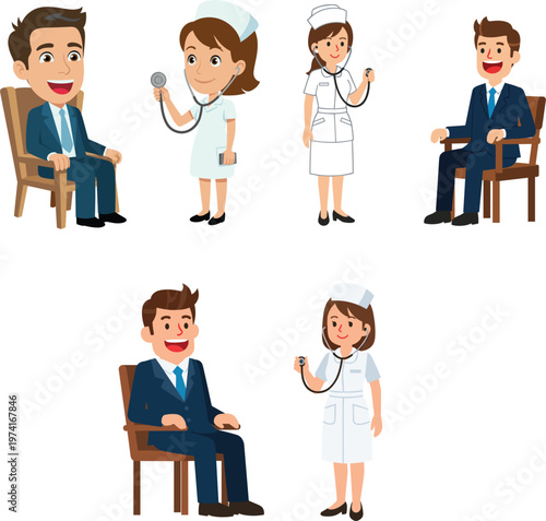Medical nurse checking patient health with stethoscope character collection for healthcare clinic hospital service