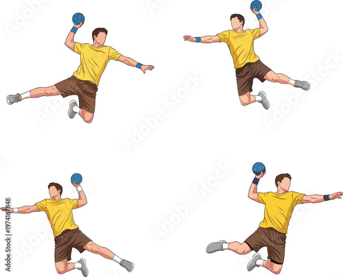 Handball player in action jumping to throw ball collection for sports competition team game and athletic performance concept