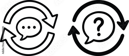 Hand drawn doodle style circular arrows with speech bubbles vector illustration for continuous customer feedback loop, frequent asked questions, and communication cycle.