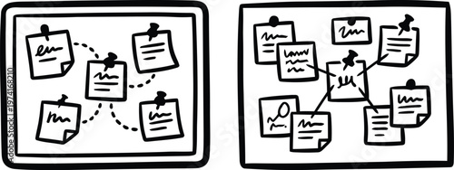 Hand drawn doodle style sticky notes on a pinboard vector illustration representing creative brainstorming, mind mapping, agile project management, and business planning.