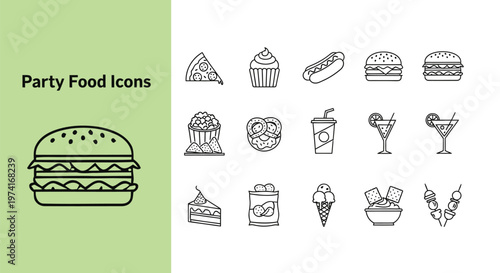 Collection of thin line style party food vector icons representing various popular snacks and refreshing drinks
