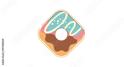 A cartoon-style illustration of a frosted donut, shaped like a square with a hole in the center. It has blue icing, sprinkles, and a white drizzle