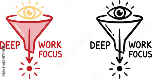 Hand drawn doodle style deep work focus funnel vector illustration representing mental concentration, filtering distractions, and maximizing business productivity.