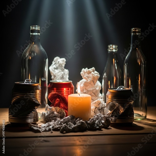 Candlelight Still Life with Bottles and Trash.