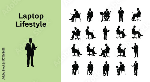 Dynamic vector graphic featuring professional men actively working on laptops and tablets in business roles.