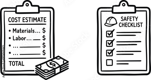 Hand drawn doodle style cost estimate and safety checklist clipboards vector illustration representing construction project budgeting and site health inspection.