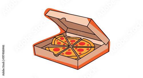 A cartoon-style illustration of a pizza in a box, with the top open. The pizza has slices, and the box is light brown with an orange outline