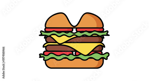 A cartoon burger is illustrated with a stylized design. The burger components are layered. It is drawn with thick black outlines and has colorful fillings