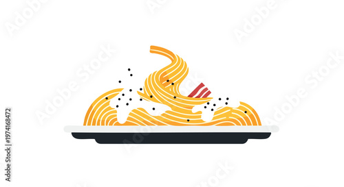 A cartoon illustration of a plate of pasta with creamy sauce, bacon, and black pepper. The spaghetti is arranged in a decorative, artistic presentation