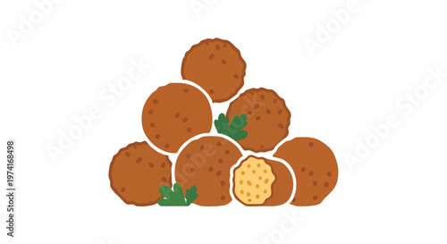 A cluster of savory, round food items in shades of brown, with some green garnishes. One reveals its textured interior