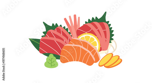 A vibrant, flat-style illustration of a sashimi platter. It includes various raw fish slices, a lemon, wasabi, ginger, and garnishes. The style is simple and graphic
