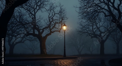 Eerie Night Scene - Lamp Post Illuminates Foggy Forest Path.