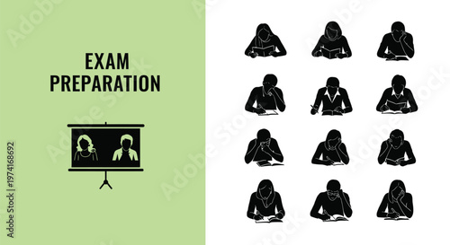 Collection of vector silhouettes depicting male and female students engaged in focused exam preparation activities.