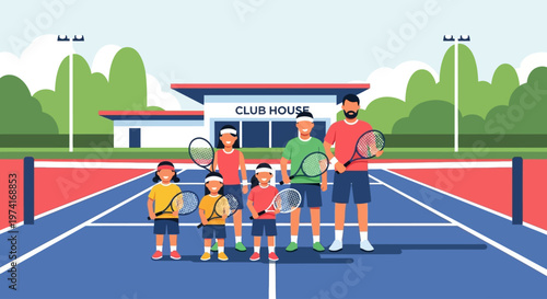 Family of tennis players posing at a clubhouse on transparent background silhouette