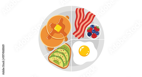 A cartoon depiction of a breakfast plate, divided into sections pancakes, bacon, a fruit bowl, avocado toast, and a fried egg
