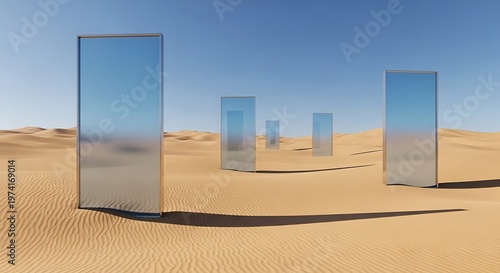 Sleek reflective monoliths punctuate the vast, arid desert landscape, mirroring the brilliant blue sky and golden sand in a surreal and abstract artistic vision