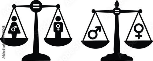 Hand drawn doodle style gender equality scale vector illustration on a transparent background representing social justice, equal human rights, and male and female balance in society.