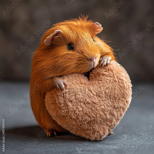 Close-up of a fluffy orange guinea pig hugging a soft brown heart, captured against a dark, textured background