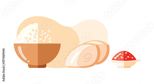 A flat illustration of a meal is depicted with rice, sliced food with a spiral pattern, and a small dish of red and white condiment