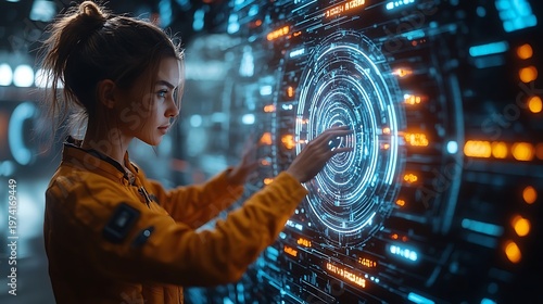 Woman interacting with futuristic digital display