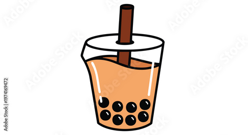 Illustration of a sweet beverage, featuring a clear cup with brown fluid, dark spherical objects, a white lid, and a brown straw
