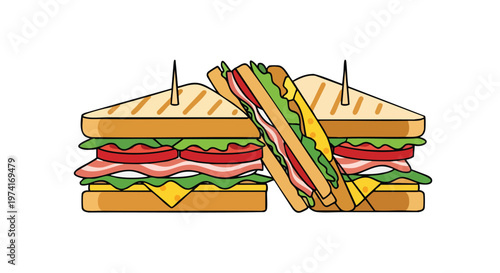 Two cartoon-style sandwiches are depicted against a white background. Each triangular sandwich is layered with ingredients, and a toothpick holds them together