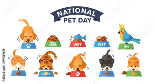 Celebratory national pet day vector design featuring various animal companions, including dogs, cats, and a bird, happily eating from their food bowls against a clean white background