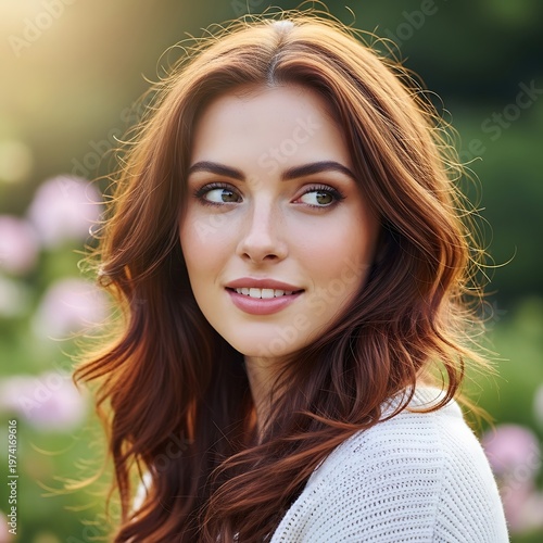 Beautiful woman with long brown hair smiles in a garden setting.