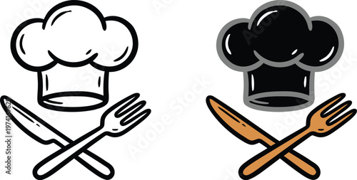 Hand drawn doodle style chef hat with crossed knife and fork vector illustration on a transparent background for restaurant menu design, cooking class, and catering food service.