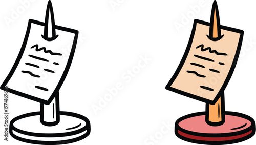 Hand drawn doodle style restaurant receipt bill on a metal spindle spike vector illustration representing food order payment, cafe cashier checkout, and business accounting expenses.