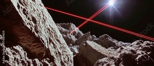 Crossing red laser beams illuminate a textured, rocky asteroid surface against dark space and a bright light source