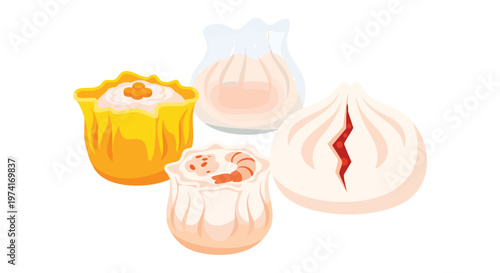A cluster of four illustrated dumplings, showcasing various shapes and fillings one with a split, one with shrimp, and two others