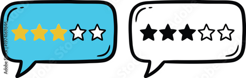 Hand drawn doodle style customer feedback speech bubble with three star rating vector illustration representing online average evaluation, service review, and client opinion.