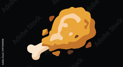 A cartoon depiction of fried chicken, showcasing golden-brown crispy skin, tender meat, and a bone. It has a stark black background