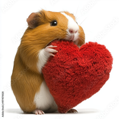 A brown and white guinea pig gently holds a fluffy red heart with its paws, standing on a plain white background