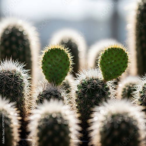 Close-up of a group of cacti with green pads and white spines.