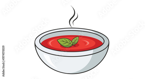A cartoon image of a white bowl filled with a red liquid, topped with two green leaves, and steam rising above