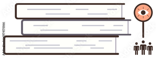 Education, research, knowledge sharing, data analysis, teamwork, group learning. Stack of books next to an eye symbol and three figures. Education and research concept